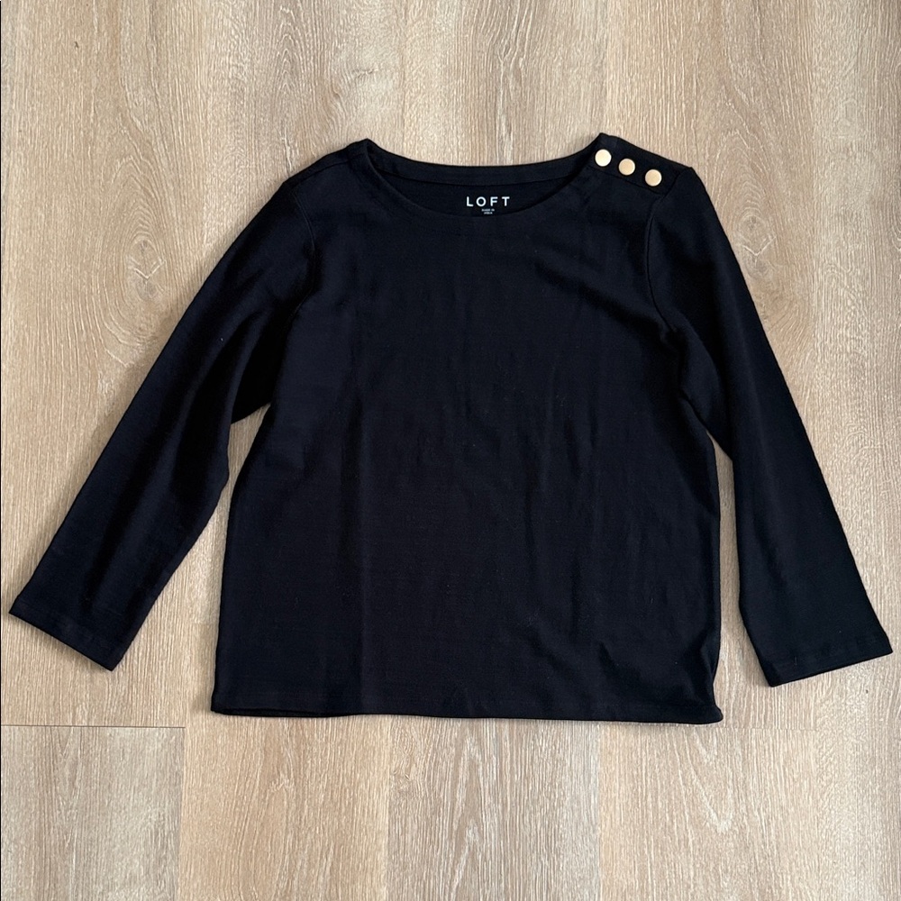 LOFT Black Long Sleeve Tee with Gold Buttons